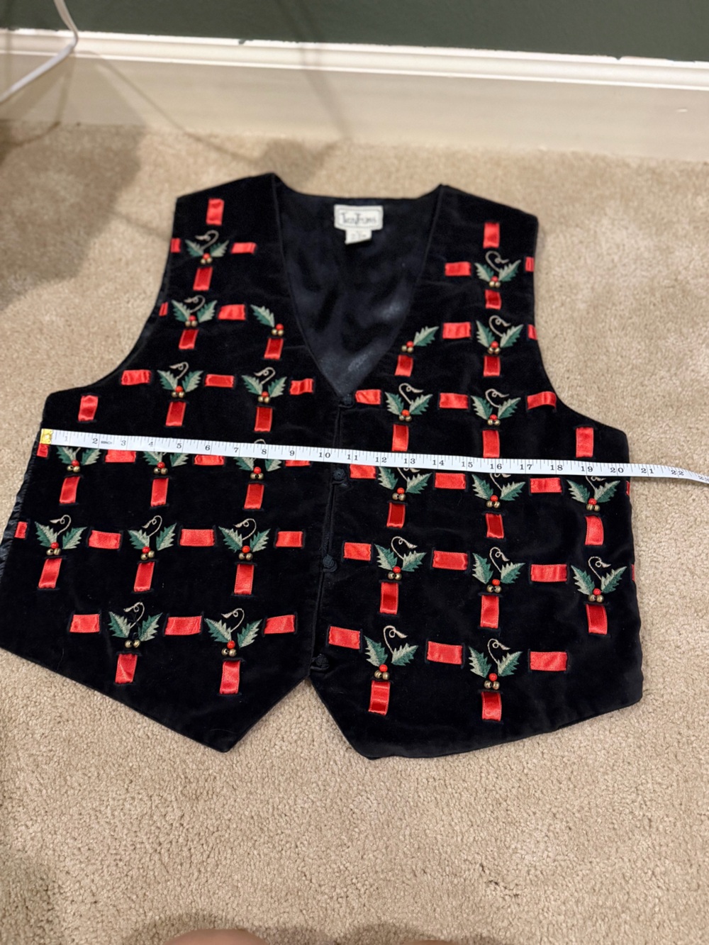 Vintage Tantrums Black Velvet Christmas Vest Holly Ribbon Large - Picture 8 of 9